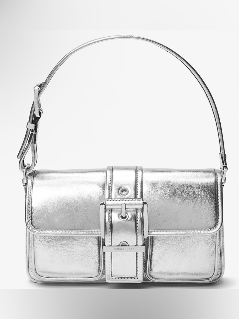 Michael Kors Metallic Silver Leather Shoulder Bag with Buckle - NWT